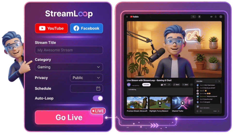 StreamLoop Interface - Go Live with one click and stream on YouTube
